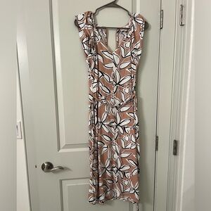 LOFT petite Floral Tan and White floral linen midi Dress